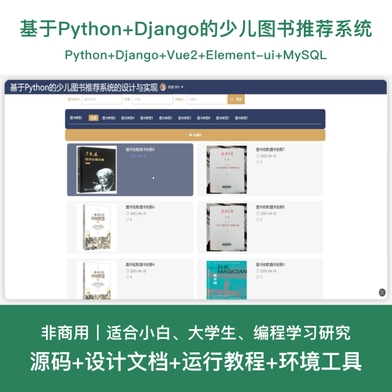 少儿图书推荐系统源码 Python+Django+Vue 前后分离 设计文档-源码好优多
